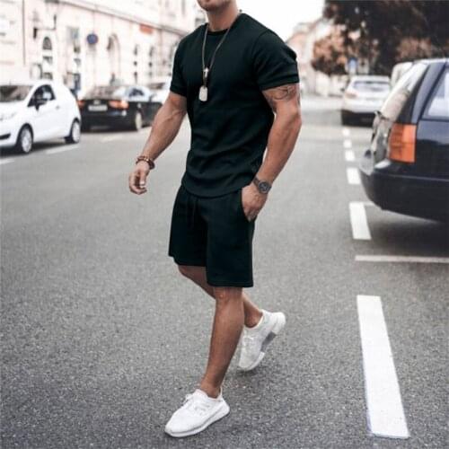 Mens Sportswear Solid Color O-neck Letter K T-shirt Short-sleeved Suit Summer Fashion Premium Outdoor Shorts Suit 2-piece Set
