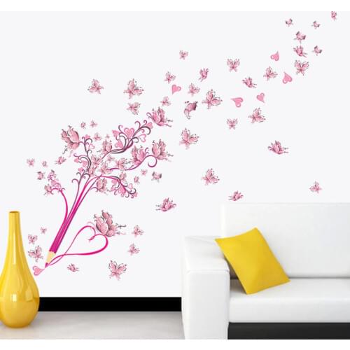 Pink Pencil Butterfly Flower Wall sticker for Bedroom living room background decoration Decals Mural Art Butterflies Stickers