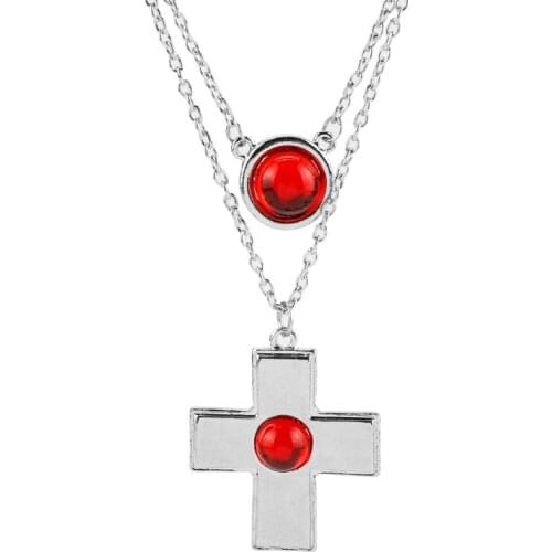 Vampire Knight Cross Pendant Necklace Multi-chain Red Crystal Necklace Chain For Women Men Accessories Gifts