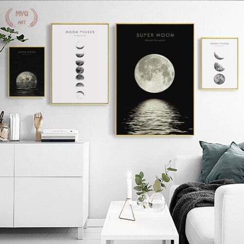 Minimalist Full Moon Poster Art Black White Moon Phases Prints Solar System Canvas Picture Painting Decoration for Living Room