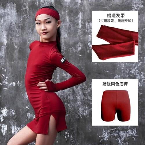 Latin Dance Dress For Girls Practice Clothes New Latin Performance Clothes Children Red Long-Sleeved Competition Dress DN6983