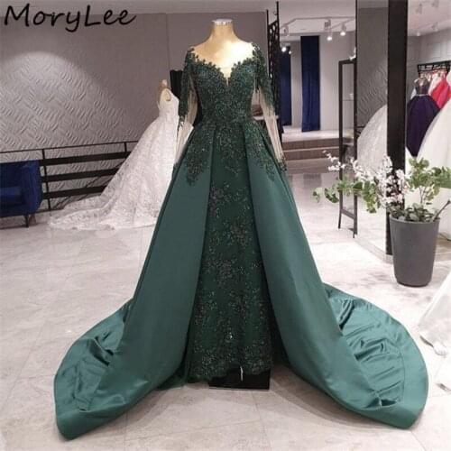 Prom Dresses Green Long Sleeves A-Line High Quality Satin Lace Crystal Prom Dresses With Lace Up vestidos de fiesta de noche