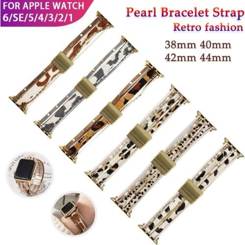Retro Strap for Apple Watch 44mm 42mm 40mm 38mm Womens Pearl Bracelet Replacement Wristbands for IWatch Series 6 5 4 3 2 1
