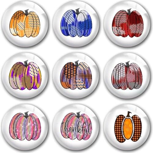 Handmade Thanksgiving Pumpkin Buffalo-Plaid Round Photo Glass Cabochons Demo Flat Back DIY Jewlery Making Findings Accessory
