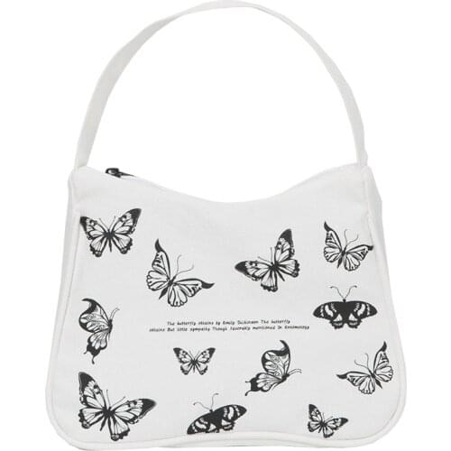 Spring Women Small Handbag Butterfly Print Canvas Tote Ladies' Fashion Underarm Bag Zipper Half Moon Bags Cotton Cloth Purse