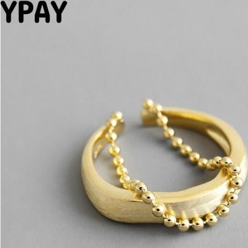 YPAY 100% Real 925 Sterling Silver Matte Surface Small Round Beads Gold Chain Tassel Open Rings Women Fine Jewelry Gifts YMR929