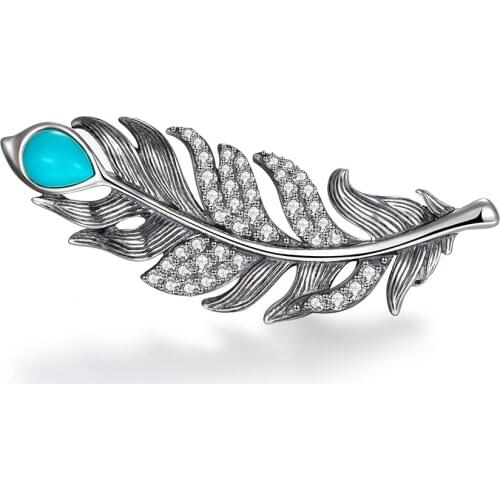Woman Brooch Silver Jewelry Elegance Suit Broochs Turquotse Jewelry Feather Jewel Brooch Crysral OL