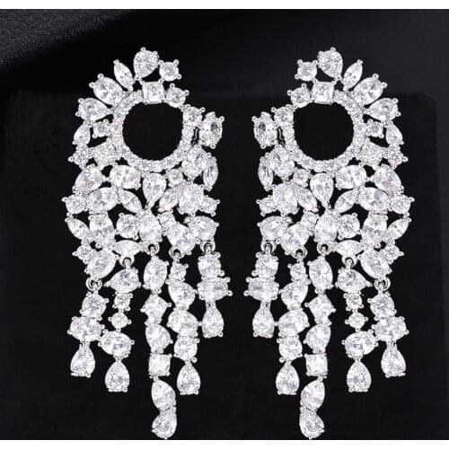 GODK 52mm Luxury Celebrity Favorite Design Cubic Zirconia Women Statement Long Drop Tassels Earring Wedding Party Bridal Jewelry