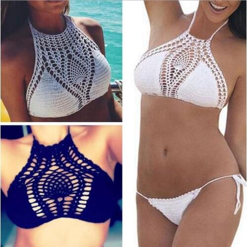 Handmade Crochet Bikini Bra Women Swimwear Top Solid Halter Knitted Swimsuit Brazilian Bikinis Underwear Bathing Suit