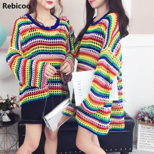 Autumn Women Colorful Hollow Out Pullovers Sweater Slash Neck Long Sleeves Female Polyester Sweater Fast Shipping