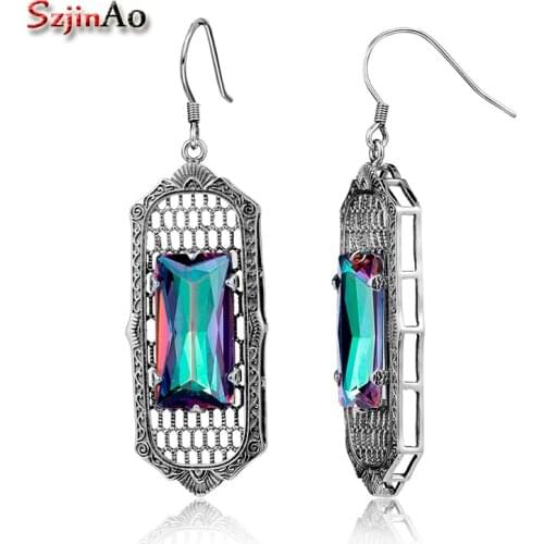 Szjinao Mystic Topaz Earrings For Women Bohemian Square Gemstone Rainbow Earring Drop Vintage 925 Sterling Silver Jewelry 2020