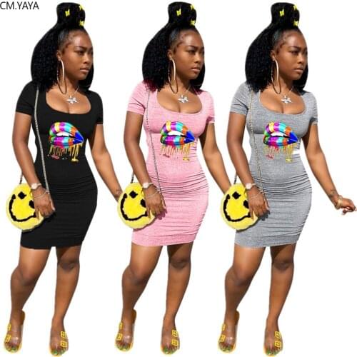 CM.YAYA women color lips print short sleeve o-neck cut out back stacked bodycon midi mini dress night club party pencil dresses