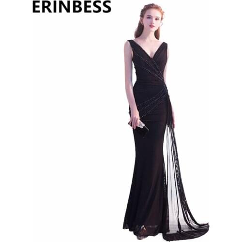 Sexy Deep V Neck Black Mermaid Prom Dresses Beaded Pearls Long Floor Length Chiffon Women Formal Gowns Vestido De Festa