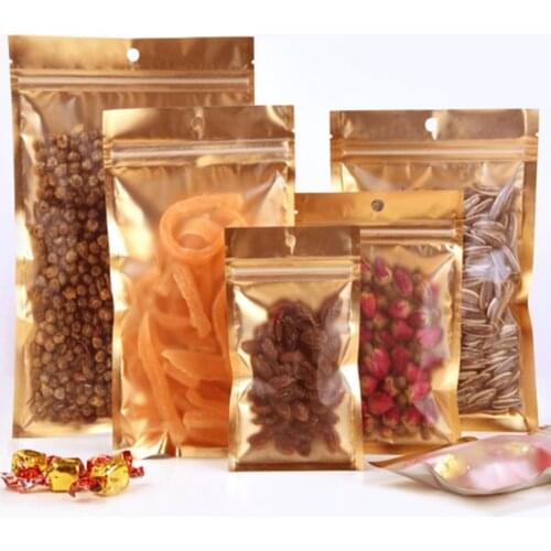 100Pcs Gold Mylar Zip Lock Bags Aluminum Foil Bags Durable Metallic Foil Mylar Flat Zipper Bag for Candy and Food Packaging
