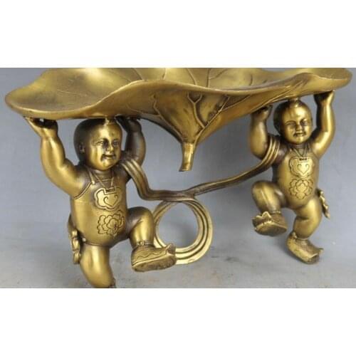 11" Chinese Bronze Gilt Tongzi Kid Child Boy Plate Plate Lotus leaf Cup Statue