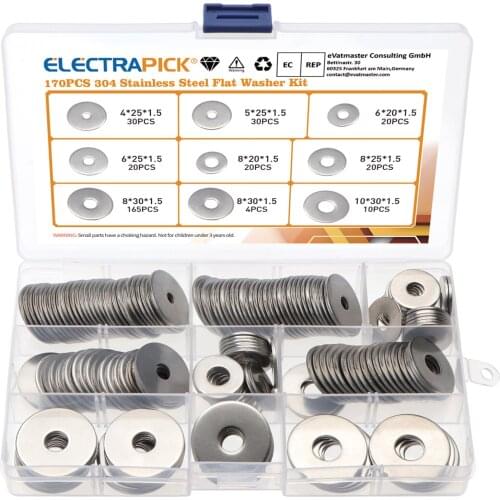 170PCS Flat Washers 304 Stainless Steel Sealing Rings Flat Assortment Washers Set with Box Suitable for Screw Fasteners