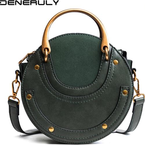 2019 Sling Round Leather Bags Women Rivet Luxury Handbags New Elegant Faux Suede Evening Bag Luxury Brand Vintage Bags Sac Femme