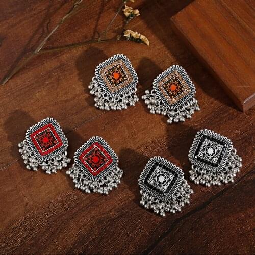 Bohemia Bells Tassel Dangle Earrings Pendientes Silver Square Dripping Oil Bollywood Oxidized Earrings For Women Ethnic Sector