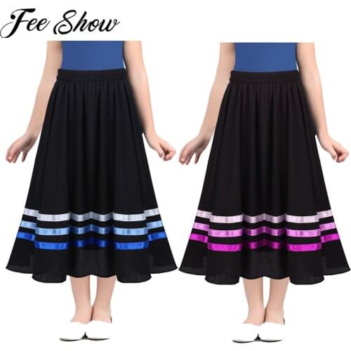 Kids Girls Ballet Dance Skirts Chiffon High Waist Long Maxi Full Circle Skirt Children Girl Ballet Character Ribbon Style Skirt