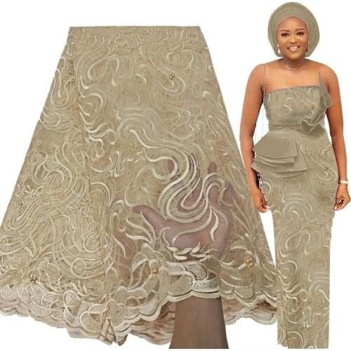 Fabricbob Latest French Tulle Lace Fabric High Quality Embroidery Beaded African Lace fabric 5 Yards For Nigerian Wedding Asoebi