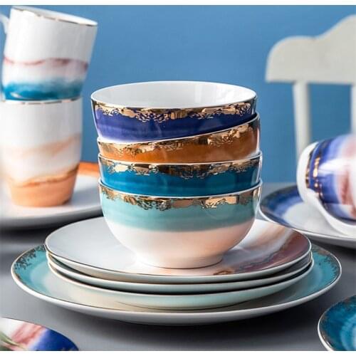 High-end Gold Edge Porcelain Dinner Plate Set Kitchen Plates Ceramics Food Dishes Steak Plate Salad Dish Bowls Water Cup 1pc