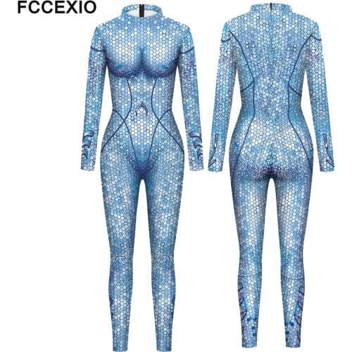 FCCEXIO 3 Colors Sexy Mermaid Sequins 3D Print Sexy Bodysuits Women Plus Size Long Sleeve Cosplay New Party Tight Jumpsuits