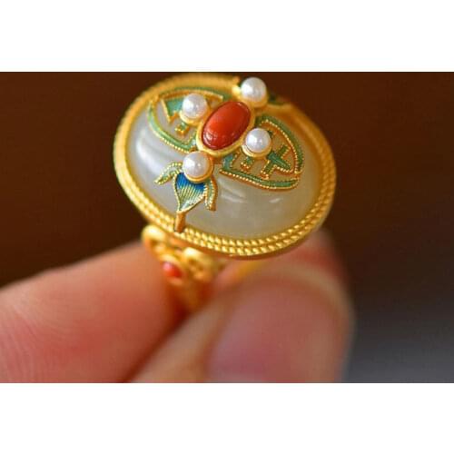 Natural Hetian Jade Pearl Ring S925 Sterling Silver Vintage Court Style Elegant Jade White Jade Roasted Blue Ring Jewelry