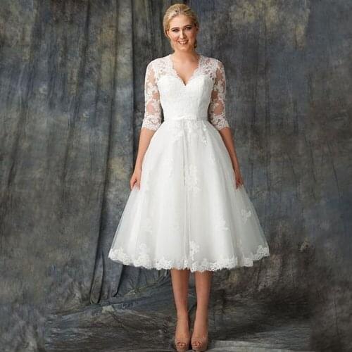 Short Wedding Dresses Tea Length Robe De Mariée 2021 V-Neck Bride Dress Half Sleeves Vestido De Novia A-line White Elegant Gowns
