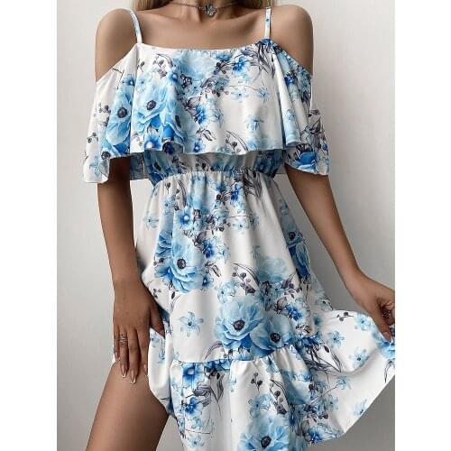 Sheinset Y2K Print Short Cold Shoulder Mini Vestidos De Fiesta Casual Daily Party Floral Dress