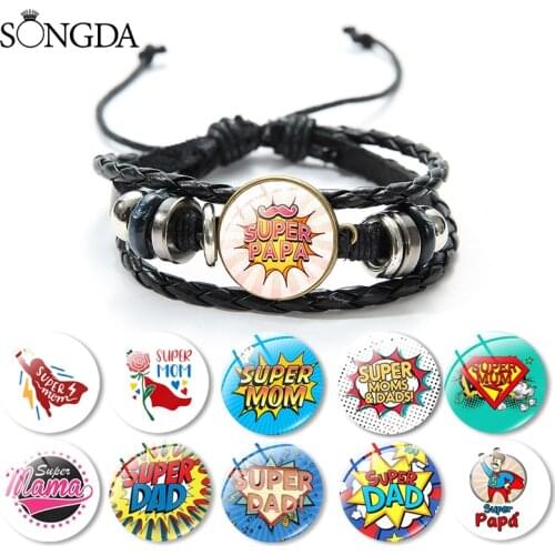 Super Dad Mom Leather Bracelet Dad Is Superhero Handmade Bangle Multi-Layer Woven Adjustable Bracelet Mothers Day Lovely Gift