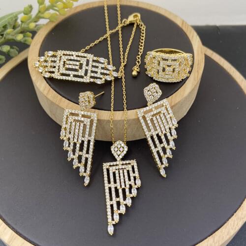 Lanyika Fashion Jewelry Set Delicate Geometry Micro Inlay Necklace with Earrings, Bracelet and Ring for Woman Banquet Party Gift