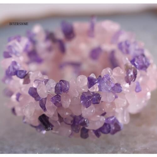 Fashion Jewelry Gift Bangle For Women Natural Purple Quartz Pink Crystal Stone Chip Beads Cord Stretch Bracelet 7" 1Pcs H048