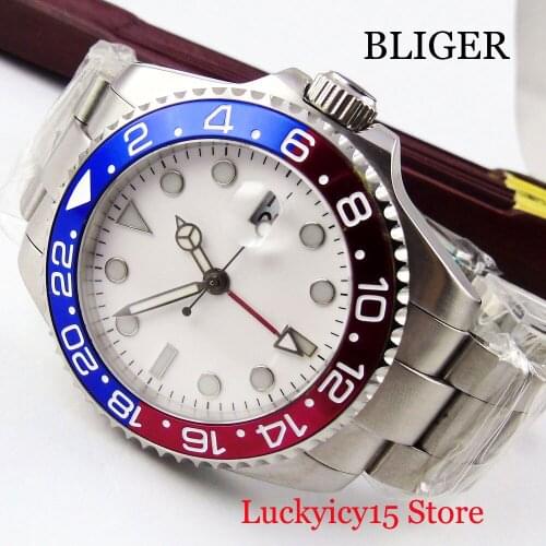 Self Winding Mens Watch Sapphire Glass Date Window 40mm Silver Color Case Mental Bracelet Alloy Bezel GMT Function Wristwatch