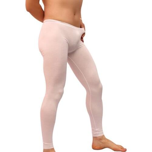 Men Underwear Long Johns Sexy Beige Ice Silk Seamless High Elastic Sexiest Breathe Freely Thin Leggings Persp Hip Training Pants