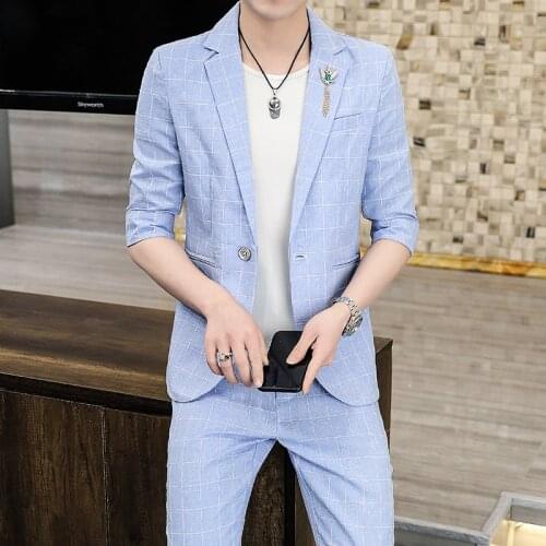 2021 New Summer Fashion Casual Mens Checked Cotton Linen Single Button Slim Slim Sleeve Two Piece Mens Suit