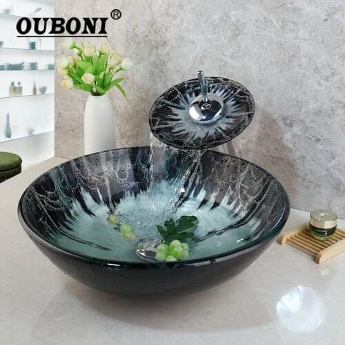 OUBONI Bathroom Sink Washbasin Tempered Glass Hand-Painted Lavatory Bath Brass Set Faucet Mixer & Tap W/ Chrome Round Basin Tap
