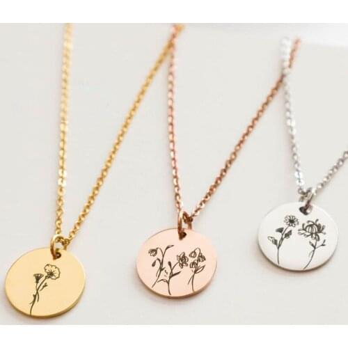 Stainless Steel Birth Flower Necklace, Flower Necklace, Disc Necklace, Engraved Jewelry,Birthstone Gifts, Gifts for Her