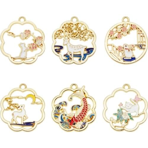 Julie Wang 4/6PCS Enamel Animal Charms Alloy Hollow Round Cat Deer Koi Rabbit Flower Pendant Bracelet Jewelry Making Accessory