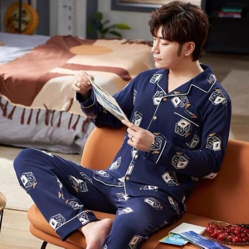 Luxury Pajamas Mens Long-sleeved Cotton Spring and Autumn Plus size Large extra-large size Mens Cotton Thin Home Service Suits