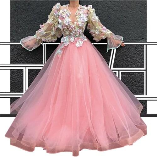 Pink Muslim Evening Dresses Ball Gown Long Sleeves Tulle Flowers Dubai Saudi Arabic Long Evening Gown