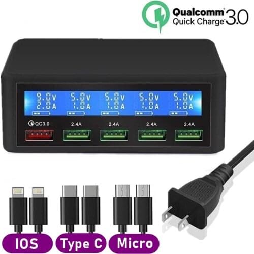 Tongdaytech Multi USB Charger For iPhone Xiaomi Samsung 5 Port USB Wall Quick Charge QC 3.0 LCD Display Fast Charging Cargador