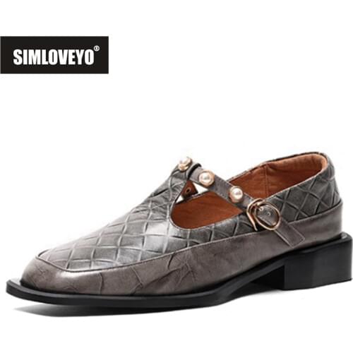 SIMLOVEYO New 2021 Ladies Flat Shoes Square Toe Genuine Leather Buckle Pearl Retro Soft All-Match Casual Summer Black B2299