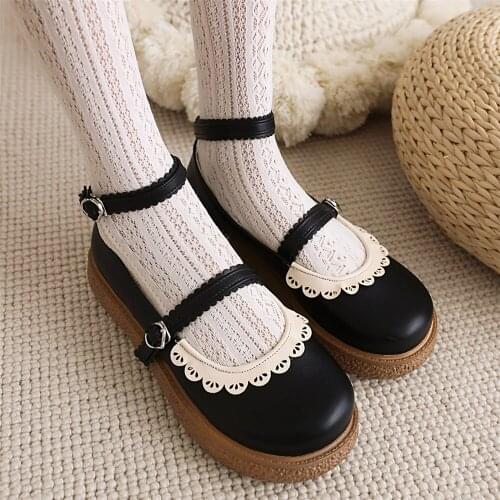 Lolita shoes women flats platform round toe buckle bow cute girls princess tea party shoes students lovely shoes size 31-43Black