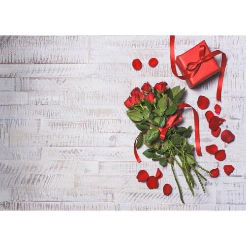 Red Flowers Petals Gift Wooden Board Photographic Backdrop Vinyl Studio Background for Lovers Valentines Day Wedding Photoshoot