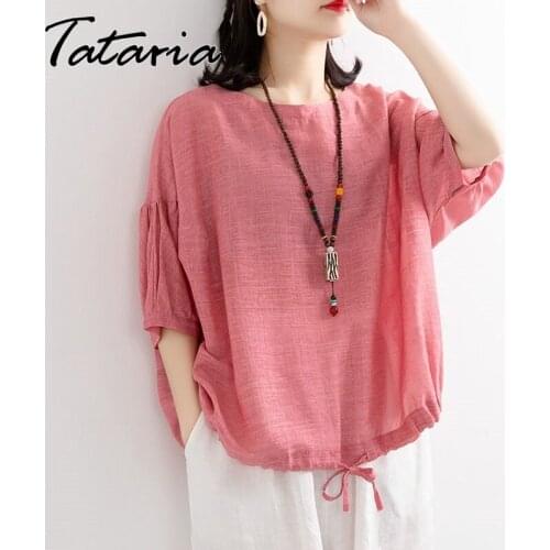 Women Fashion 2021Summer Solid Loose T-shirt Vintage Purple Plus Size O-neck Short Sleeve T-shirt Drawstring Pink Streetwear Top