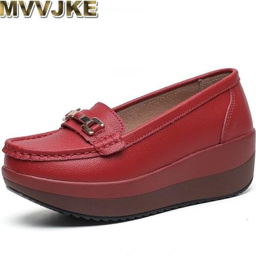 MVVJKE Woman Pumps Platform Moccasins Genuine Leather Loafers Shoes Woman Spring / Summer Woman Slip on Casual Wedges Shoes