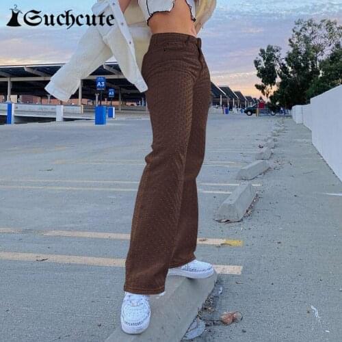SUCHCUTE Ripped Distressed y2k Fashion Jeans Pants For Women Vintage Brown 90s Casual Straight Pants Harajuku 2021 Spring