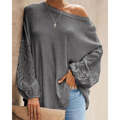 Spring Autumn Womens Lantern Sleeve Top 2021 New Femme Elegant One Shoulder Eyelet Embroidery Blouse Office Lady Casual Clothes