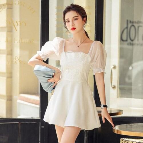 Fashion Summer Vintage Lace Shorts Jumpsuits Women Streetwear Elegant Casual Square Collar Puff Sleeve Loose Playsuits Jumpsuits