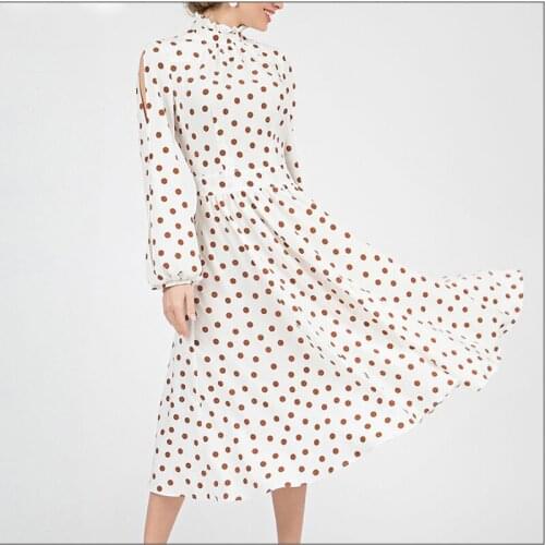 Hollow Out Long Sleeve Women Casual Dress Vintage Dot Printing Summer A-line Vestidos Femmale Boho Midi Sundress